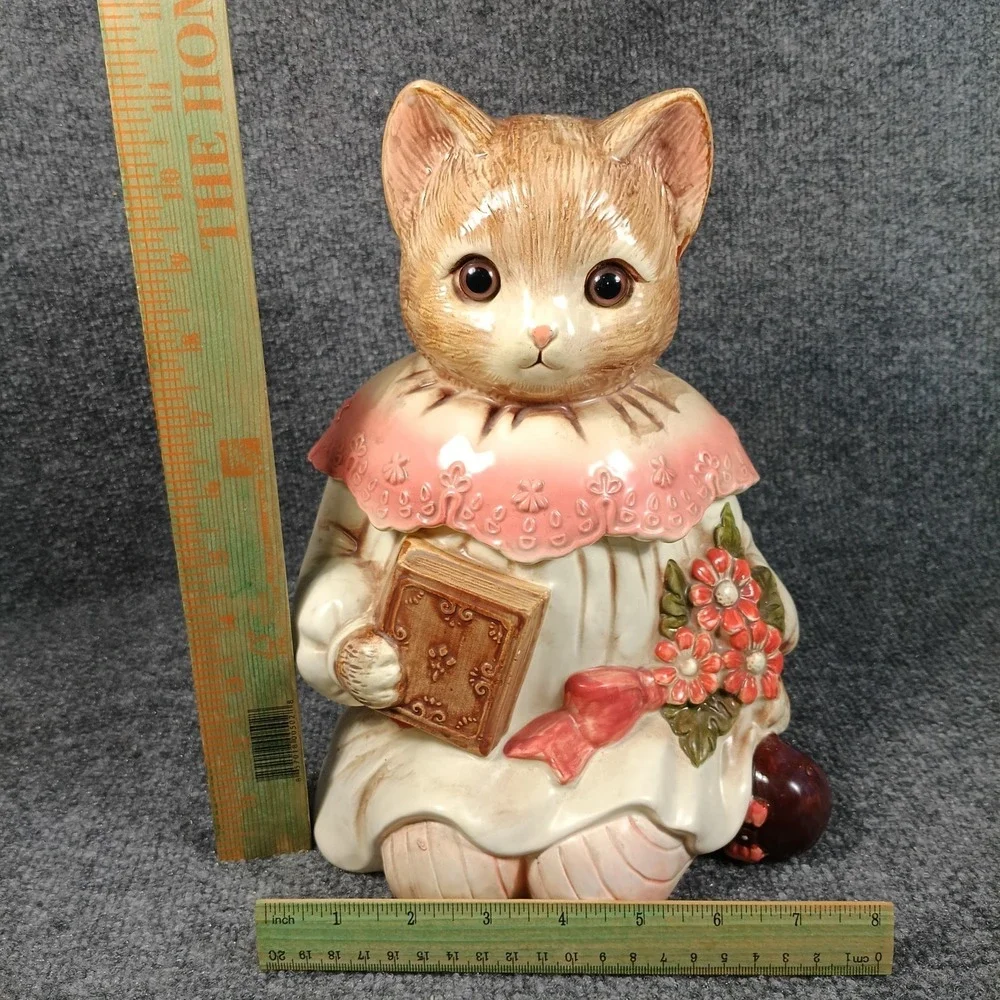 Vintage Cat Cookie Jar Japan Anthropomorphic Ceramic Kitten Pink Book Floral